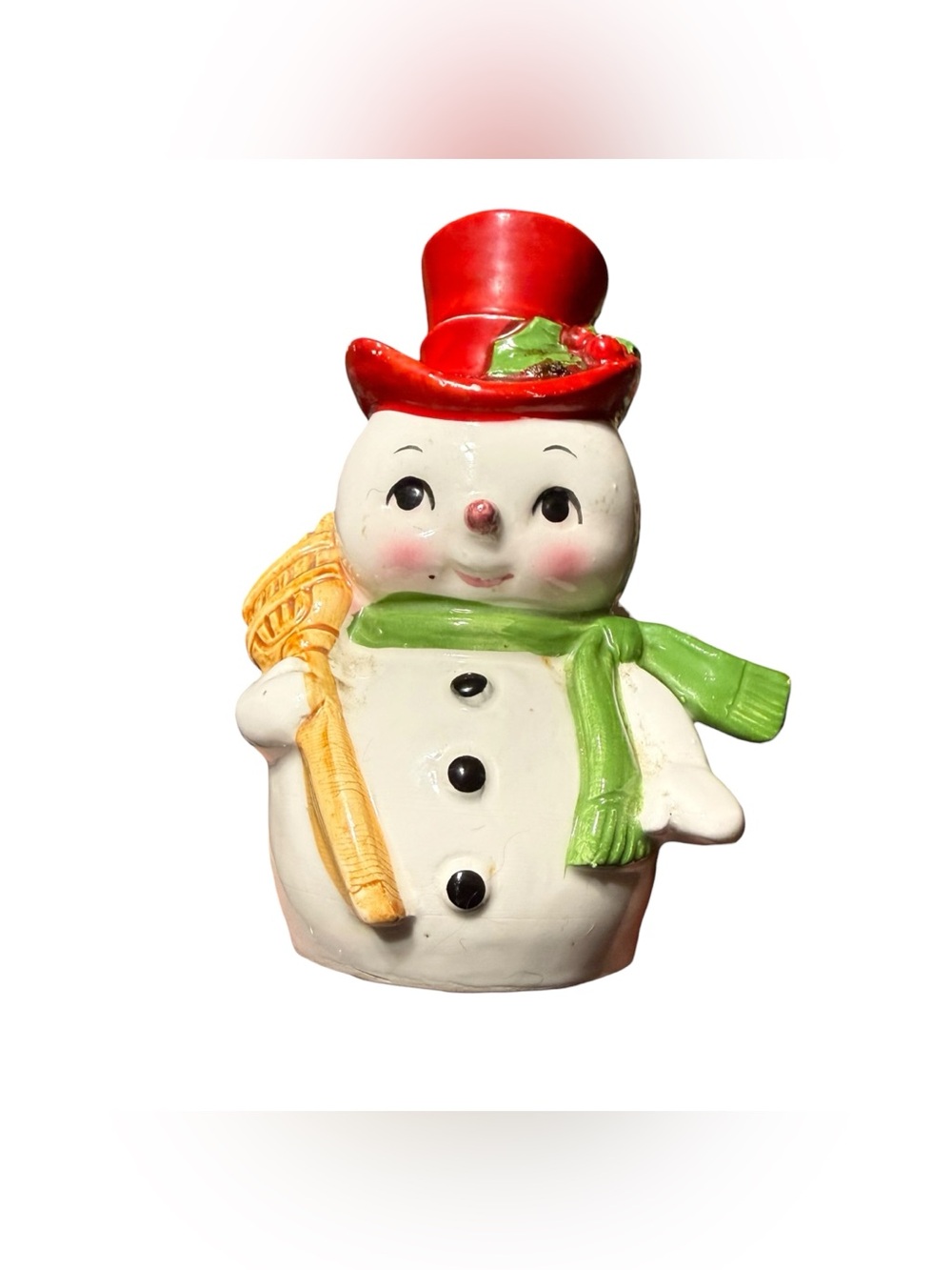 Vtg 1950s Lefton Japan Ceramic Snowman Napkin Holder Red Hat Broom Christmas MCM